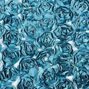 Dk Teal Rosette Fabric 3D Floral Fabric By The Yard, Peony Bouquet Fabric on Mesh, 3D Rosette Satin Fabric Wedding Decor.