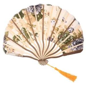 Classic  peony flower fabric bamboo folding dance hand fan beige R8U8