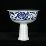 5.1" China Porcelain yuan dynasty Blue white peacock peony flower High foot Bowl