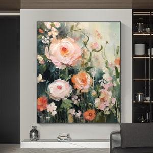 Abstract Pink Flower Oil Painting on Canvas, Large Wall Art, Original Green Floral Art, Custom Painting, Modern Living Room Home Decor Gift