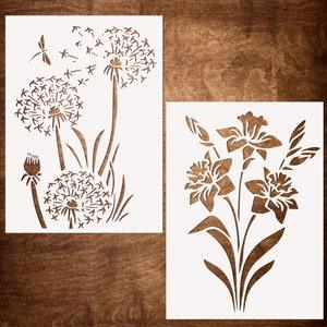 Lilies and Dandelion Stencil for Painting on Wood, Canvas, Furniture, Crafts - Reusable Flower Stencils (6"X8")