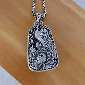Pure S999 Fine Silver Hollow Filigree Peacock Peony Flower Oblong Pendant