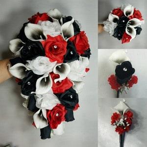 Red Black White Rose Calla Lily Bridal Wedding Bouquet Accessories