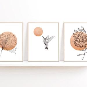 Hummingbird wall art prints set, orchid wall art, flower line art print, moon boho wall decor, minimalist botanical wall print, ginkgo art