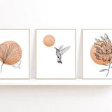 Hummingbird wall art prints set, orchid wall art, flower line art print, moon boho wall decor, minimalist botanical wall print, ginkgo art