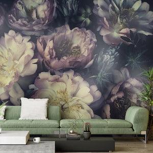 Vintage bouquet wall mural / dark peonies / moody floral background / natural flowers