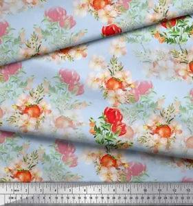 Soimoi Blue Cotton Poplin Fabric Tomato & Peony Floral Print Fabric-xY7
