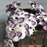 Plum Bridal Bouquets, Eggplant Bridesmaids Bouquets, Shadow Purple Bouquet, Real Touch Calla Lilies, White Roses, Royal Purple Bouquets