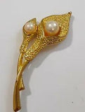 Gold tone elegant Calla Lily brooch 3" pin career statement piece