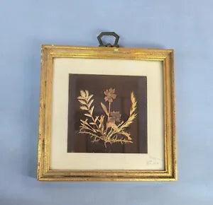 Pressed Flowers Vintage Gold Tone Wood Frame Signed Plexiglas Floral Decoration