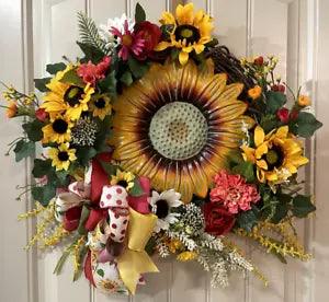 Custom Sunflower grapevine wreath by Taylormadecustombows 22"x22"x6"