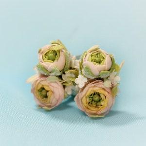 Ranunculus Earrings Yellow Pink Miniature Flower Wedding Bouquet on a 925 Sterling Silver Base