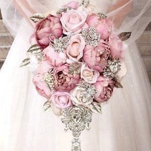 Dusty rose wedding bouquet. Blush pink bridal bouquet. Mauve and silver brooch bouquet. Quinceanera bouquet.