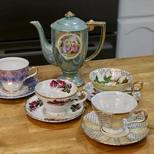 EXQUISITE Tea Party by Japanese Lustreware - Teacup and Saucer Sets in Fruit Motif; Red Roses; Geometric Cream Gold; Free Style Blue Gold