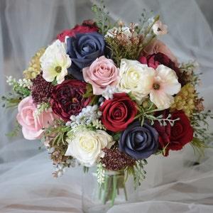 Burgundy Navy Wedding Bouquet, Blue Red Peony Eucalyptus Bridal Bouquet, Handmade Artificial Real Touch Flowers Wedding Decor