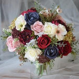 Burgundy Navy Wedding Bouquet, Blue Red Peony Eucalyptus Bridal Bouquet, Handmade Artificial Real Touch Flowers Wedding Decor
