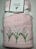 DEBORAH CONNOLLY HAND TOWELS (2) PINK FLOWERS LILY OF VALLEY 100% COTTON NWT