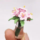 Dollhouse 1:12 Scale Pink Lily Flowers Glass Vase Decor  Miniature Accessories