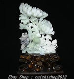 19.6'' Chinese Natural Xiu Green Jade Carve Peony Flower Magpie Animal Statue