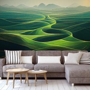 Green landscape wallpaper, hills and mountains, Wall Mural, Removable, Self Adhesive (Peel and Stick), Non Self Adhesive (Vinyl), Wall Decor
