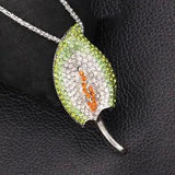 Pink & Green Crystal Rhinestone Peace Lily Flower Pendant Chain Necklace/Brooch