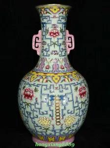 12.9" Old Qing Dynasty Famille Rose Porcelain Dragon Peony Flower Bbottle Vase