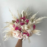 Boho Ivory Hot Pink Pampas Palm Leaves Peony Roses Bouquet Accents Wedding Bridal Bouquet Ivory Wedding Bouquet Dusty Bridesmaid Bouquet