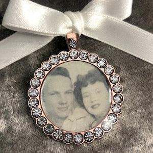Rose Gold Memory memorial bouquet charm,locket,brooch personalised with photo.round diamante rhinestone keepsake with ribbon.Wedding Bride