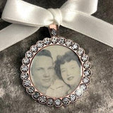 Rose Gold Memory memorial bouquet charm,locket,brooch personalised with photo.round diamante rhinestone keepsake with ribbon.Wedding Bride