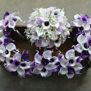 Lilac Wedding Bouquets, Real touch Calla Lilies, Purple Roses, Purple Bridesmaids Bouquets, Boutonnieres
