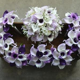 Lilac Wedding Bouquets, Real touch Calla Lilies, Purple Roses, Purple Bridesmaids Bouquets, Boutonnieres