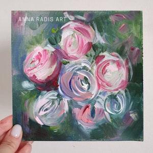 Ranunculus Bouquet Paintings, Original Abstract Floral Paintings, Pink Purple Flowers Artwork, Olive Green Pink Ranunculus Flowers Paintings