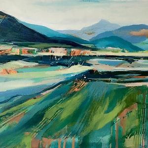 CANVAS PRINT countryside fields mountains green blue teal landscape abstract contemporary modern acrylic wall art home decor New