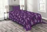 Purple Quilted Bedspread & Pillow Shams Set, Abstract Lily Flowers Print