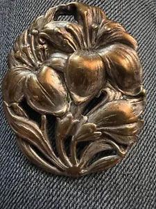 Vtg Art Nouveau Lily Flower Large St Anthony Religious Silver Oval Brooch Pin