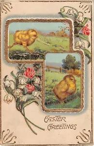 Gilded 1911 Gelatin Easter Postcard-Cute Chicks With Lily of the Valley & Roses