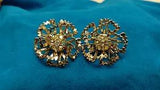 Beautiful Vintage Clip Earrings Gold Tone & Rhinestones Carnation Flowers