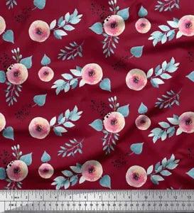 Soimoi Red Velvet Fabric Leaves & Ranunculus Floral Decor Fabric-fGD