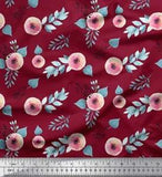 Soimoi Red Velvet Fabric Leaves & Ranunculus Floral Decor Fabric-fGD