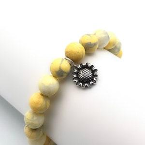 Beaded Bracelet, Charm Bracelet, Sunflower Bracelet, Stretch Bracelet, Yellow Bracelet, Silver Charm Bracelet, Women's Bracelet, Bracelet