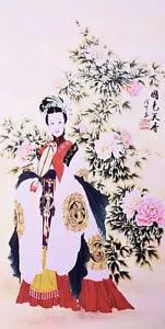 100% ORIENTAL ASIAN ART CHINESE FIGURE WATERCOLOR PAINTING-Beauty&peony flowers