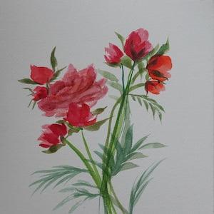 Fresh Rich Red Rose Bouquet, hand painted watercolor roses, perfect Valentine Day gift painted roses, Jumeau bouquet, roses in watercolor