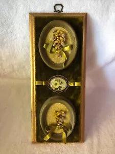 handmade VINTAGE Framed Dried Flowers Wall Decor velvet green gold 13" X 5 1/2"