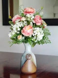 Vino Ceramic Pottery Jug with a Silk Arrangement of Peach Ranunculus