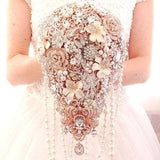 Fall Wedding brooch bouquet. Autumn long cascading rose gold and silver brooch bouquet.
