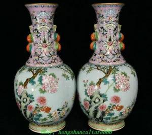13.3'' Qianlong Dynasty Famille Rose Porcelain  Peony Flower Bottle Vase Pair