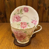 Aynsley Fine Bone China Teacup and Saucer with Large Pink Roses On Peachy Pink Background