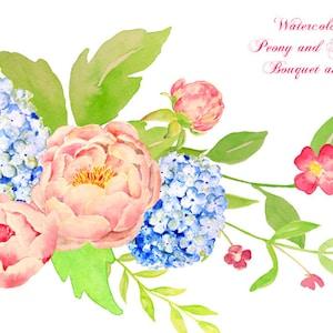 Watercolor Wedding  Peony and blue hydrangea bouquet and posy
