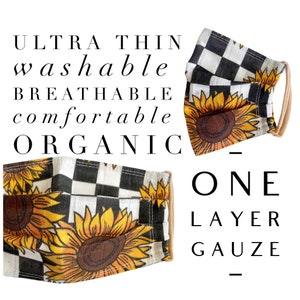 1 Layer Organic Gauze / Muslin Mask / Covering Single Layer Breathable Kid Toddler Petite Adult Extra Large - Checkered Sunflowers