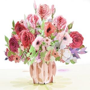 Pink Roses in Vase Valentines Pop Up Card, Mother's Day Card, Anniversary Card, Birthday Card, Spring Card